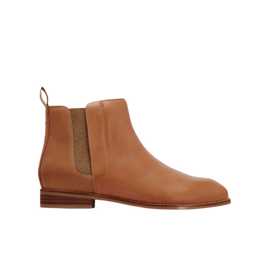 Frankie4 Women’s low heeled ankle tan boot with zipper and elastic gusset